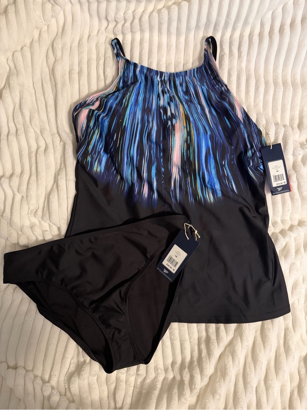 Reebok Black Tankini Set with Blue Multi-Color Brushstroke Print